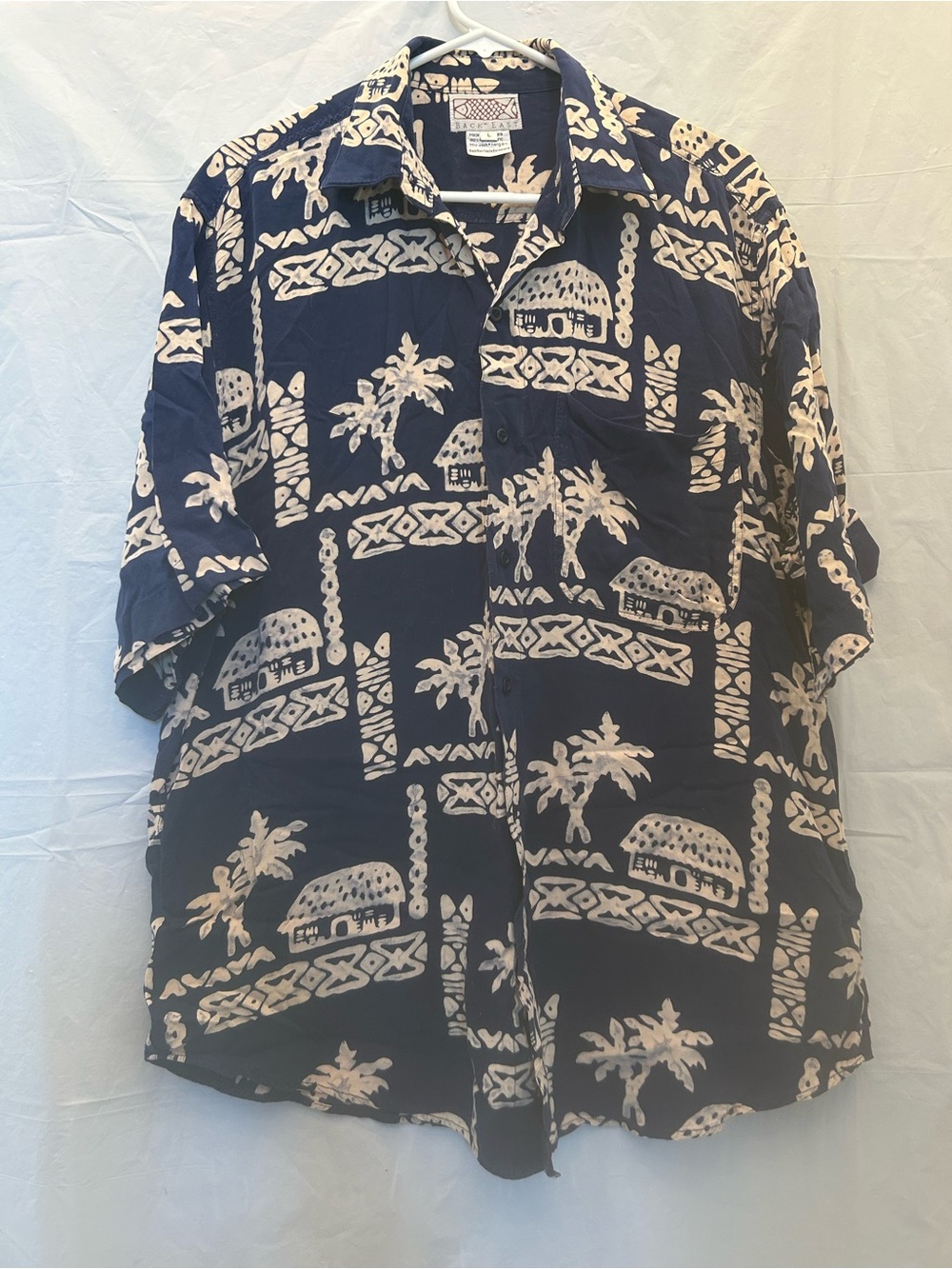 Vintage-Inspired Back East Navy & Cream Tropical Button-Down Shirt Sz L Rayon